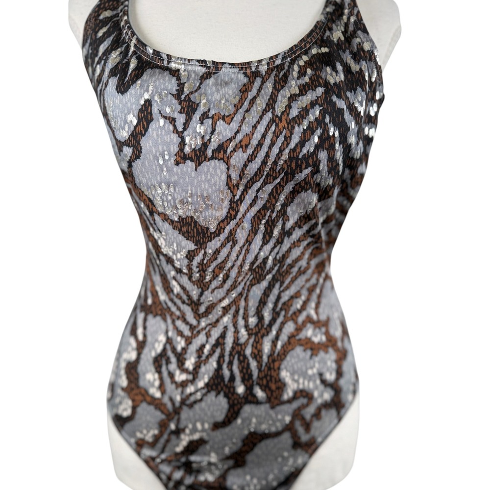 Vintage 90s Rare Swimsuit Womens M Brown Gray Silver Foil Animal Print One Piece